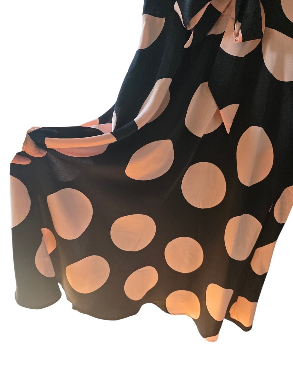 Gracia Cap Sleeve Black/ Blush Pink Polka Dot Dress With Ribbon Tie Size Medium - Picture 11 of 14